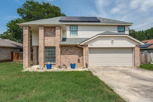 2500 Newning, Schertz, TX 78154 - view of front of property with brick siding, driveway, solar panels, a garage, and roof with shingles