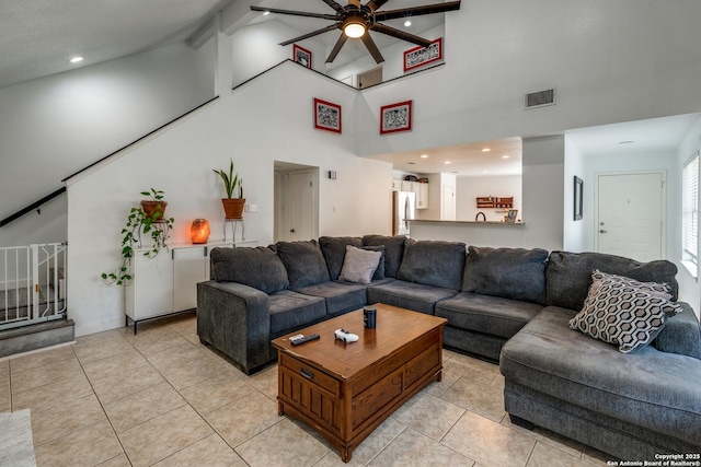 2500 Newning, Schertz, TX 78154 - living area with a ceiling fan, light tile patterned floors, stairs, high vaulted ceiling, and recessed lighting