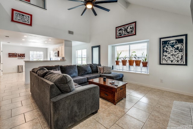 2500 Newning, Schertz, TX 78154 - living area with a ceiling fan, high vaulted ceiling, light tile patterned floors, recessed lighting, and beam ceiling