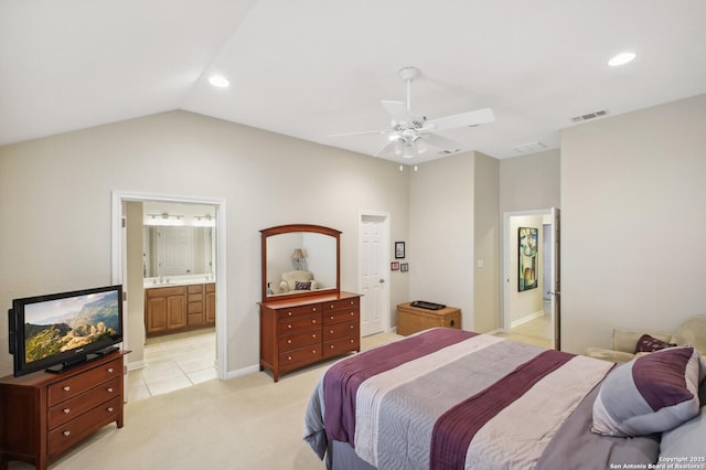 14630 Snip, San Antonio, TX 78248 - bedroom featuring recessed lighting, lofted ceiling, light carpet, a ceiling fan, and connected bathroom