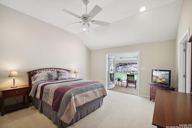 14630 Snip, San Antonio, TX 78248 - bedroom with lofted ceiling, light colored carpet, access to outside, and a ceiling fan
