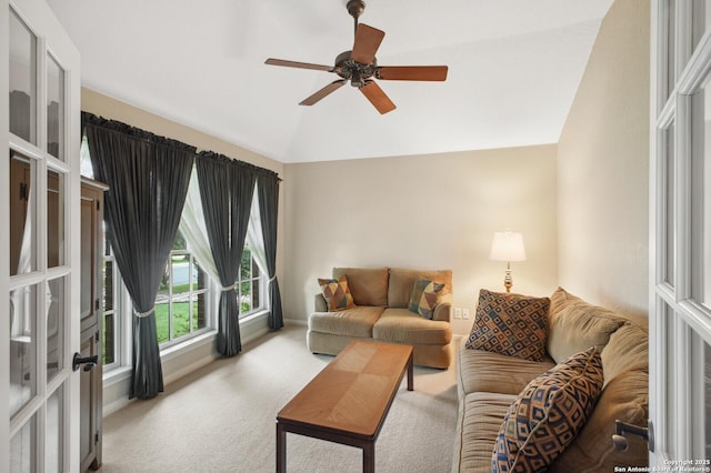14630 Snip, San Antonio, TX 78248 - living room with lofted ceiling, carpet flooring, and ceiling fan