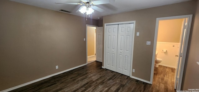 1826 Laven Dr, San Antonio, TX 78228 - unfurnished bedroom featuring dark wood-style floors, a closet, and ceiling fan