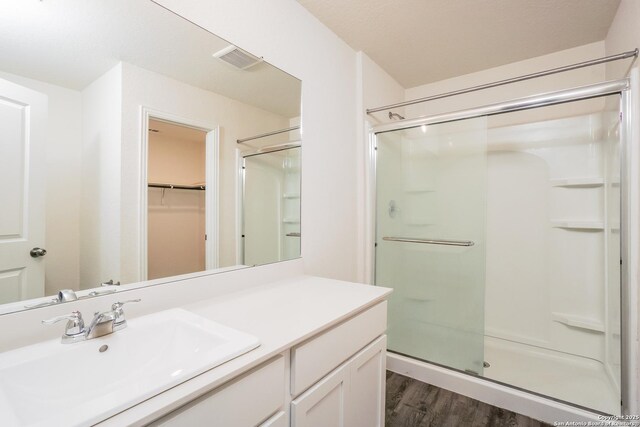223 Baxter, Seguin, TX 78155 - bathroom with a stall shower, vanity, wood finished floors, and a spacious closet