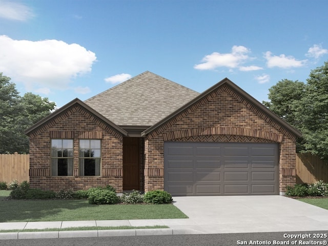 1124 Nikos Holw, San Antonio, TX 78245 - view of front of property featuring brick siding, a garage, concrete driveway, and a shingled roof