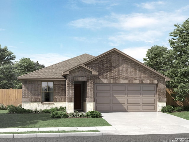 15851 Comanche Owl, San Antonio, TX 78233 - view of front of home with brick siding, an attached garage, driveway, a shingled roof, and stone siding