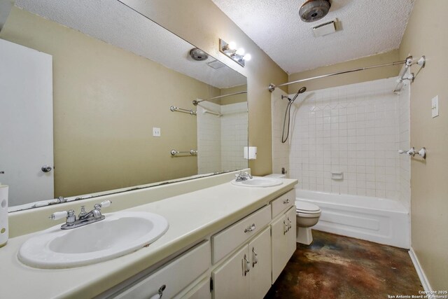 105 Apache, Cibolo, TX 78108 - bathroom with shower / washtub combination, double vanity, concrete flooring, and a textured ceiling