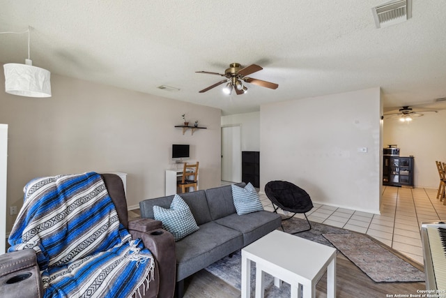 7643 Heathridge, San Antonio, TX 78250 - living area with ceiling fan and a textured ceiling