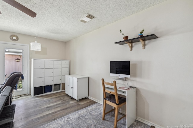 7643 Heathridge, San Antonio, TX 78250 - office with a textured ceiling, wood finished floors, and ceiling fan