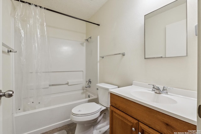 7643 Heathridge, San Antonio, TX 78250 - full bath featuring vanity, shower / bathtub combination with curtain, and a textured ceiling