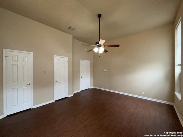 5103 Cabin Lake Dr, San Antonio, TX 78244 - unfurnished bedroom featuring dark wood-type flooring, high vaulted ceiling, and ceiling fan