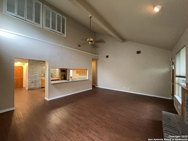 5103 Cabin Lake Dr, San Antonio, TX 78244 - unfurnished living room featuring ceiling fan, wood finished floors, and a brick fireplace