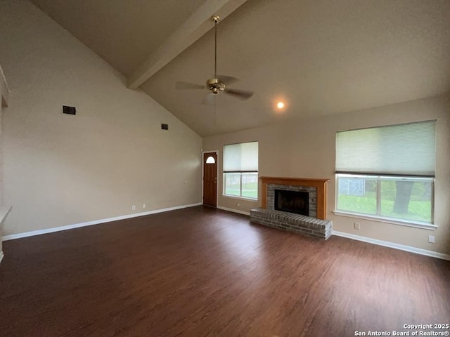 5103 Cabin Lake Dr, San Antonio, TX 78244 - unfurnished living room with a ceiling fan, high vaulted ceiling, dark wood-type flooring, beam ceiling, and a fireplace