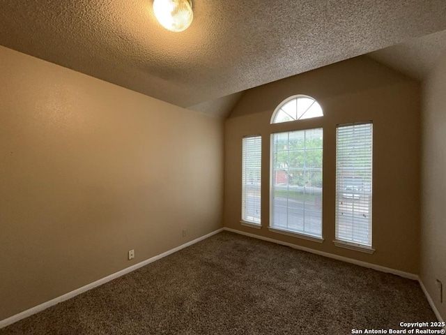 5103 Cabin Lake Dr, San Antonio, TX 78244 - spare room with dark carpet, a textured ceiling, and vaulted ceiling