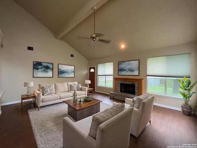 5103 Cabin Lake Dr, San Antonio, TX 78244 - living room with beamed ceiling, high vaulted ceiling, a ceiling fan, a fireplace, and dark wood-type flooring