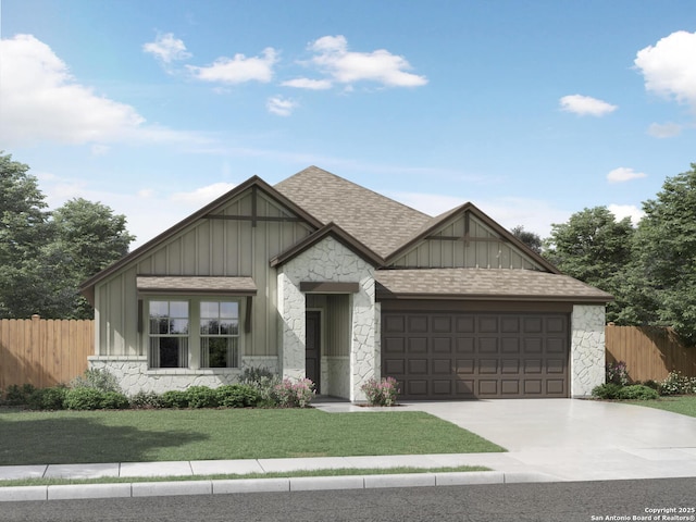 29519 Frontier Way, San Antonio, TX 78260 - view of front facade featuring a garage, board and batten siding, stone siding, roof with shingles, and driveway