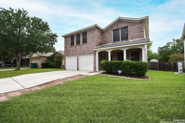 10310 Mission Crk, Converse, TX 78109 - traditional-style home with an attached garage, concrete driveway, brick siding, and a porch