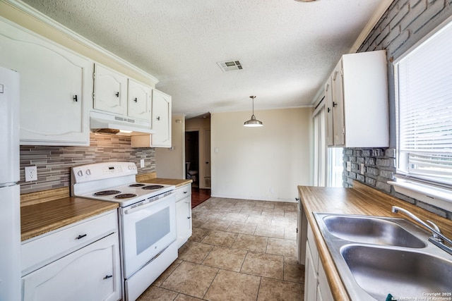 1034 Lemon Tree, San Antonio, TX 78245 - kitchen featuring white appliances, under cabinet range hood, tasteful backsplash, white cabinets, and a textured ceiling