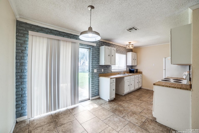 1034 Lemon Tree, San Antonio, TX 78245 - kitchen featuring ornamental molding, a textured ceiling, white cabinets, range, and freestanding refrigerator