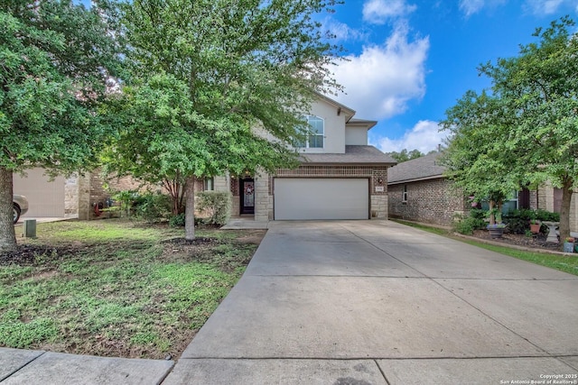 5938 Akin Song, San Antonio, TX 78261 - view of property hidden behind natural elements featuring a garage, driveway, brick siding, and roof with shingles
