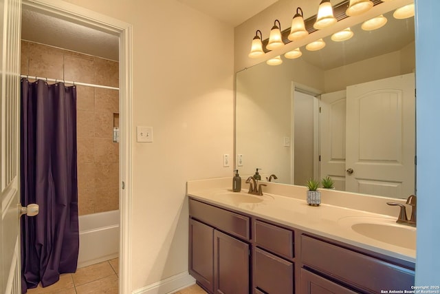 5938 Akin Song, San Antonio, TX 78261 - full bath with double vanity, tile patterned flooring, and shower / bathtub combination with curtain