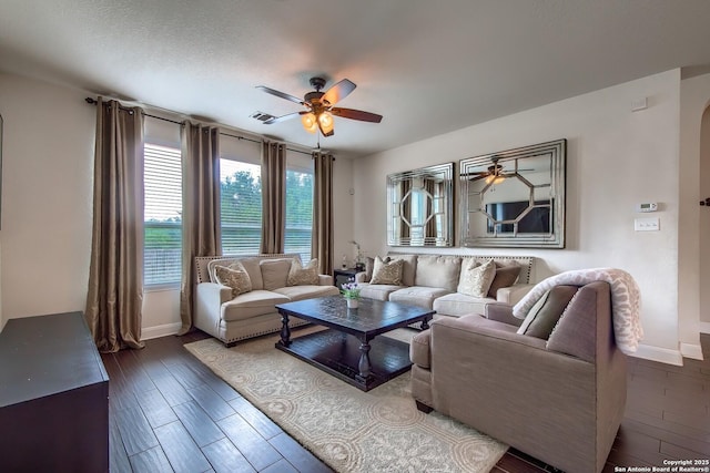 5938 Akin Song, San Antonio, TX 78261 - living room featuring a ceiling fan and dark wood-style flooring