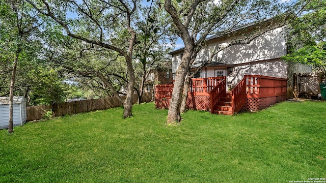 2530 Melrose Cyn, San Antonio, TX 78232 - fenced backyard featuring a wooden deck and a storage unit