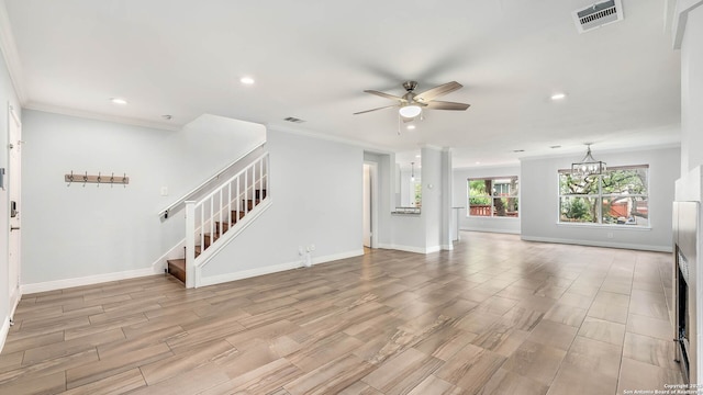2530 Melrose Cyn, San Antonio, TX 78232 - unfurnished living room with ceiling fan, wood tiled floors, stairway, crown molding, and recessed lighting