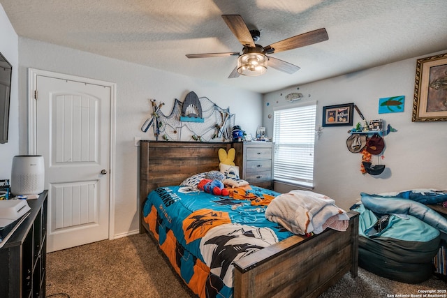 8838 Palmetto Fls, San Antonio, TX 78254 - bedroom with carpet floors, a textured ceiling, and ceiling fan