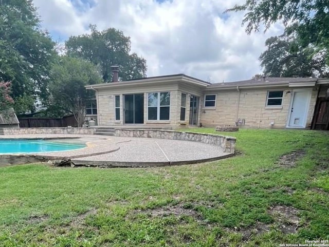 117 Bryker, Terrell Hills, TX 78209 - rear view of house with stone siding, a patio, and a chimney