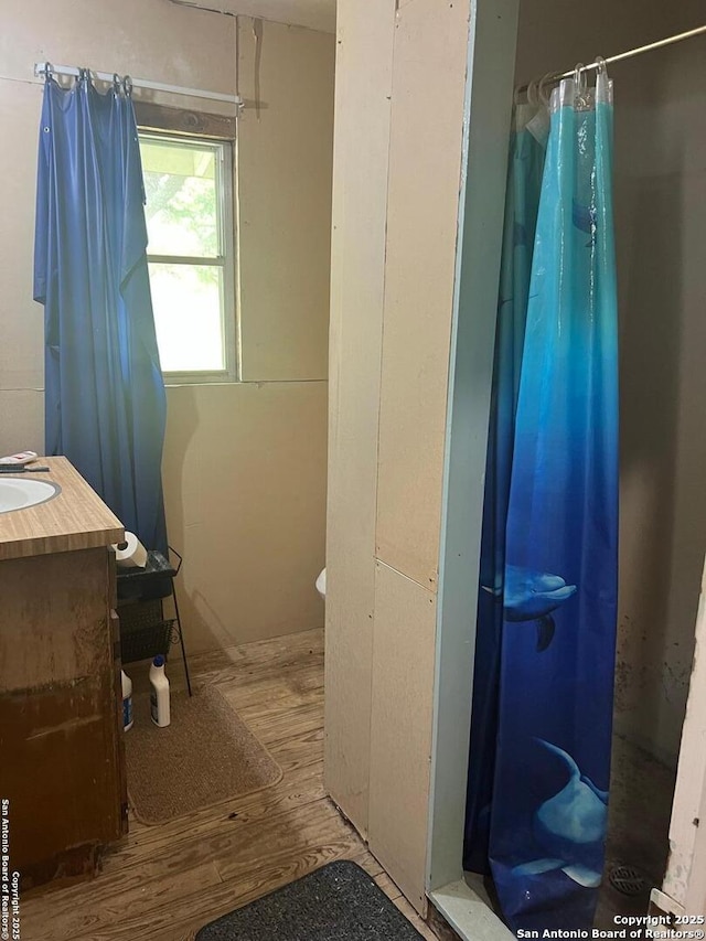 168 Water St, Pipe Creek, TX 78063 - full bathroom with wood finished floors, a shower with shower curtain, and vanity