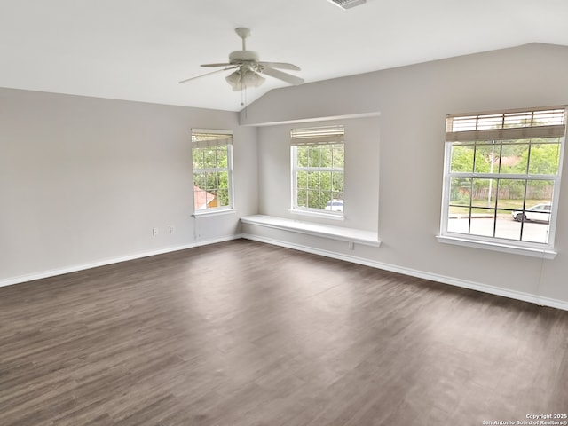 3610 Green Breeze, San Antonio, TX 78247 - unfurnished room featuring vaulted ceiling, ceiling fan, and dark wood-style floors