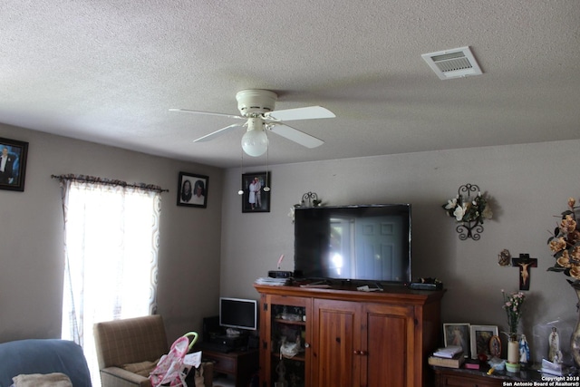 401 W Lindbergh Blvd, Universal City, TX 78148 - living room with a textured ceiling and ceiling fan