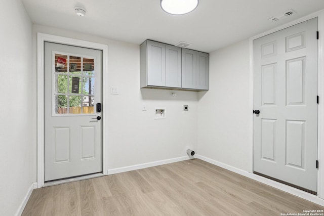 333 S Mesquite, New Braunfels, TX 78130 - washroom with electric dryer hookup, light wood finished floors, cabinet space, and hookup for a washing machine