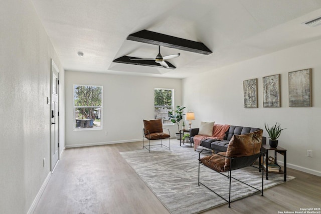 333 S Mesquite, New Braunfels, TX 78130 - living area with wood finished floors and a ceiling fan