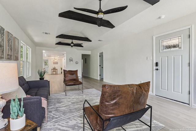 333 S Mesquite, New Braunfels, TX 78130 - living room featuring a ceiling fan and light wood-style floors