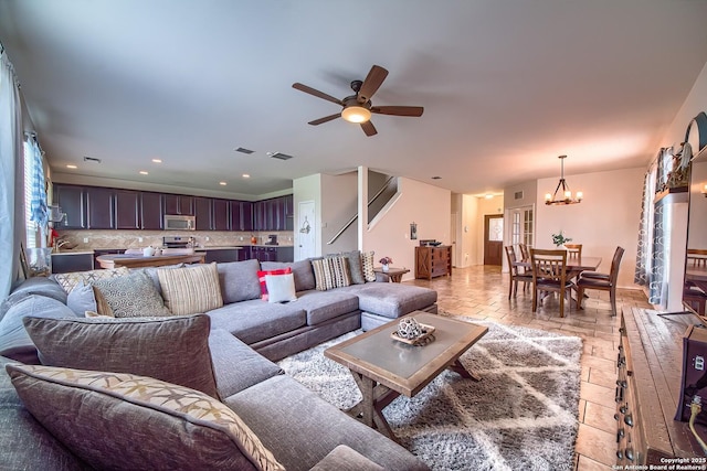 12870 Limestone, San Antonio, TX 78253 - living area with a chandelier, a ceiling fan, and recessed lighting