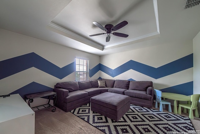12870 Limestone, San Antonio, TX 78253 - carpeted living area with a raised ceiling, a ceiling fan, and ornamental molding