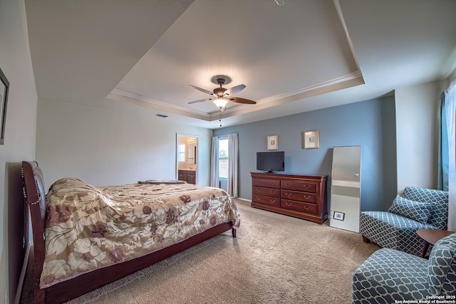 12870 Limestone, San Antonio, TX 78253 - carpeted bedroom with a tray ceiling, a ceiling fan, and ensuite bath