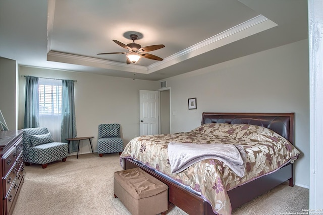12870 Limestone, San Antonio, TX 78253 - bedroom featuring a raised ceiling, crown molding, light carpet, and ceiling fan