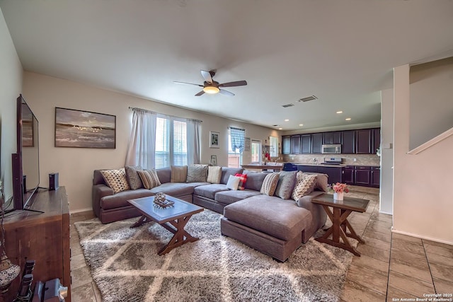 12870 Limestone, San Antonio, TX 78253 - living room with ceiling fan, recessed lighting, and light tile patterned flooring
