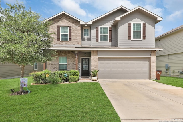 141 Whitetail Pass, San Antonio, TX 78253 - view of front of home featuring brick siding, a front yard, an attached garage, and concrete driveway