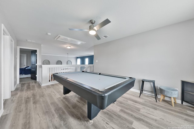 141 Whitetail Pass, San Antonio, TX 78253 - game room with attic access, a ceiling fan, wood finished floors, and billiards table