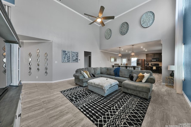 141 Whitetail Pass, San Antonio, TX 78253 - living area featuring a towering ceiling and ceiling fan