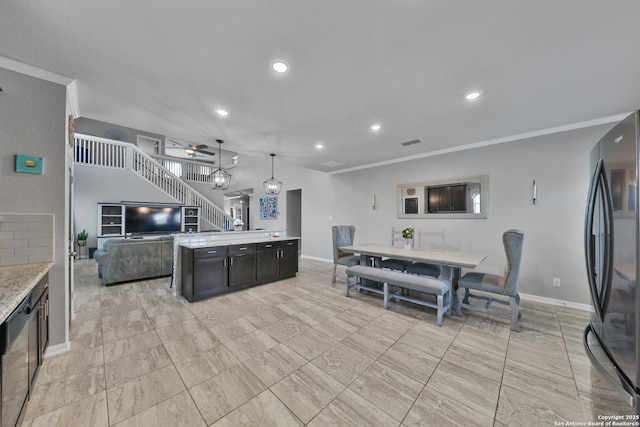 141 Whitetail Pass, San Antonio, TX 78253 - kitchen featuring freestanding refrigerator, recessed lighting, open floor plan, ceiling fan, and ornamental molding