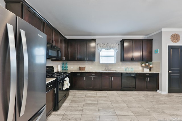 141 Whitetail Pass, San Antonio, TX 78253 - kitchen featuring black appliances, ornamental molding, backsplash, and dark brown cabinetry