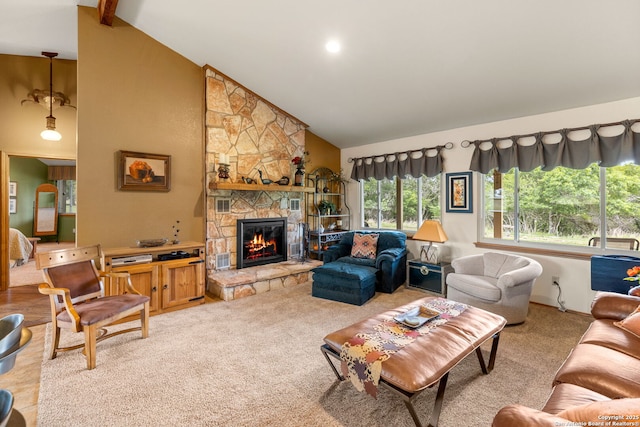479 Park Rd 23, Blanco, TX 78606 - carpeted living area with high vaulted ceiling, a stone fireplace, and beamed ceiling