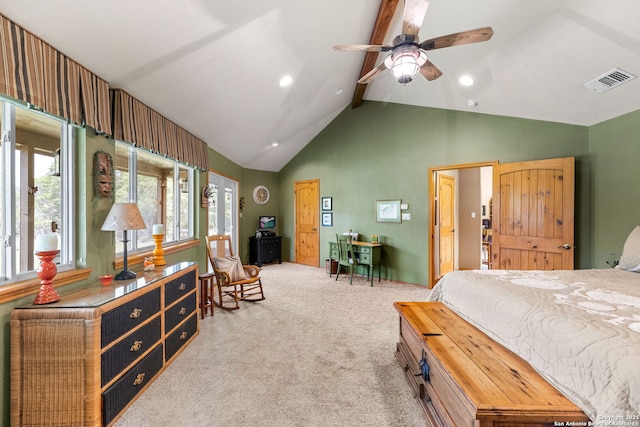 479 Park Rd 23, Blanco, TX 78606 - carpeted bedroom featuring recessed lighting, beamed ceiling, and high vaulted ceiling