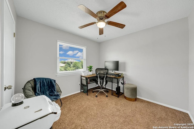 808 Fern Mdw, Universal City, TX 78148 - office area featuring carpet floors, a ceiling fan, and a textured ceiling