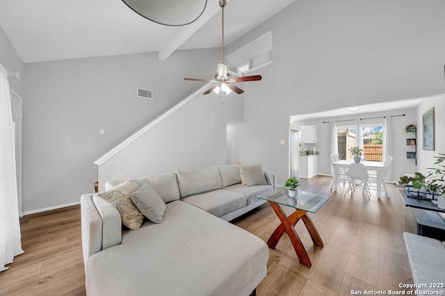 808 Fern Mdw, Universal City, TX 78148 - living room featuring high vaulted ceiling, light wood finished floors, ceiling fan, and beam ceiling